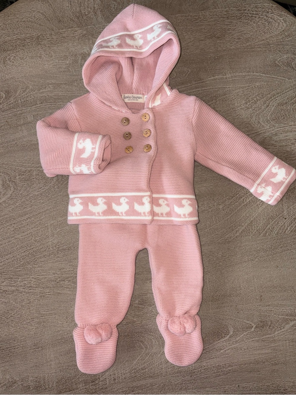 Doña Carmen Rose Pink Ducks Knitted Hoodie Sweater Pants Set Baby Girl 3M